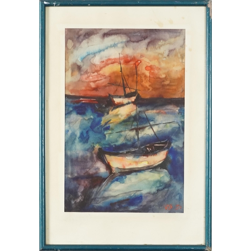 3463 - Two boats at sea, mid 20th century British school watercolour on paper, indistinctly signed MS '51, ... 