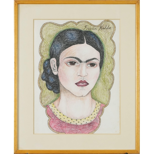 3465 - After Frieda Kahlo - Portrait, modern, crayon on textured paper, framed and glazed, 33cm x 25cm.