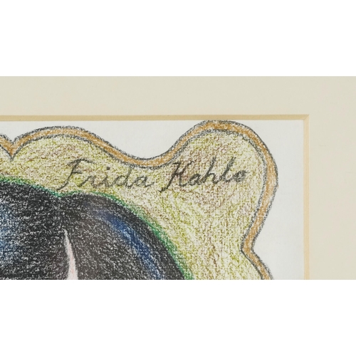 3465 - After Frieda Kahlo - Portrait, modern, crayon on textured paper, framed and glazed, 33cm x 25cm.