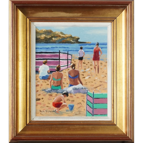 3467 - Follower of Ken Howard - Beach Scene, 20th century, oil on canvas board, framed, 25cm x 19cm.