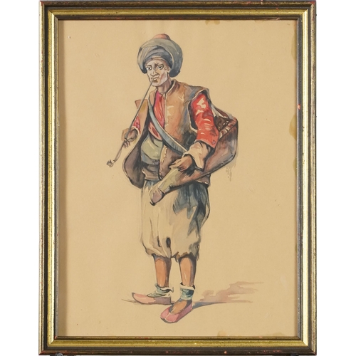 3418 - A watercolour of a Turkish Ottoman figure smoking a pipe, mounted, framed and glazed, 31cm x 23.5cm ... 