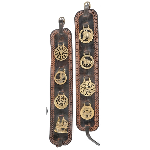 1497 - A small collection of early 20th century horse brasses mounted to leather straps together with a Pyr... 