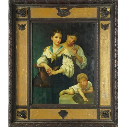 3444 - Two women and child collecting water, 19th century Continental School, oil on panel, framed, 38cm x ... 