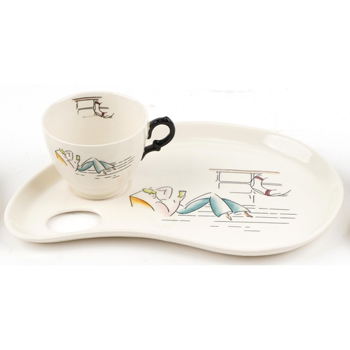 342 - A set of three Cruiseware hand painted cups and saucers by Clarice Cliff Bizarre, W-27cm