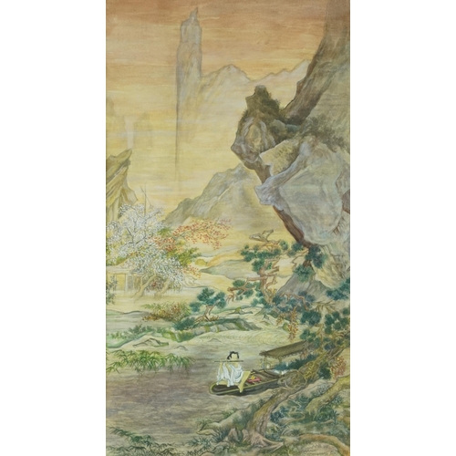 3697 - After Chou Ying - Flute on Pine Creek, 20th Chinese watercolour on paper, initialled M.B., framed an... 