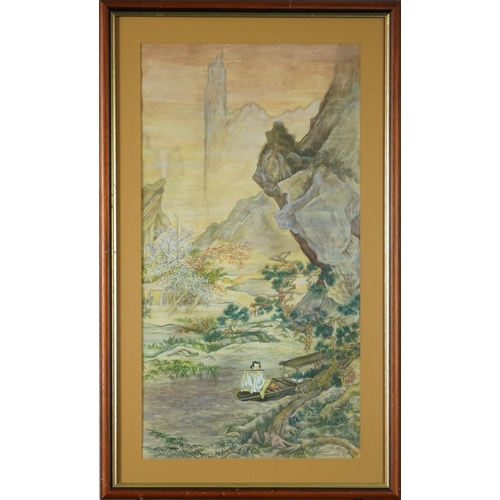 3697 - After Chou Ying - Flute on Pine Creek, 20th Chinese watercolour on paper, initialled M.B., framed an... 