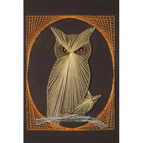 3696 - A mid 20th century gilt thread work collage of an owl, mounted on board, 61cm x 41cm.