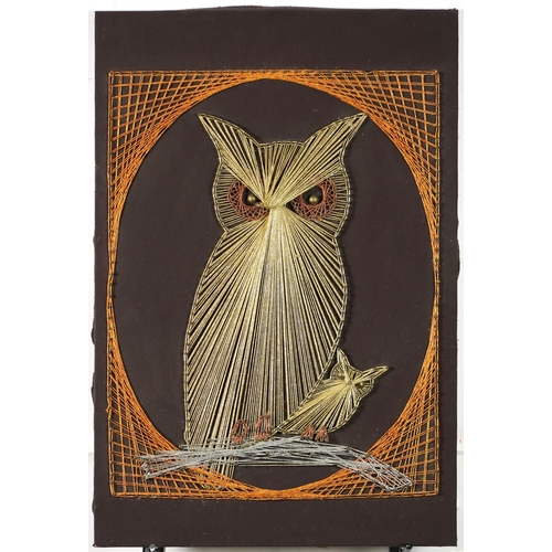 3696 - A mid 20th century gilt thread work collage of an owl, mounted on board, 61cm x 41cm.