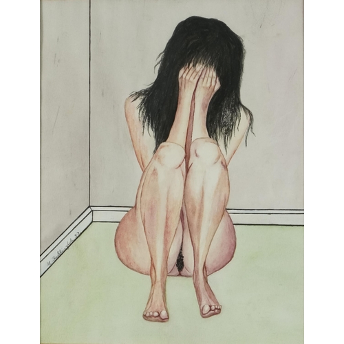 3667 - Female nude against a wall, late 20th century British School, watercolour on paper, indistinctly sig... 