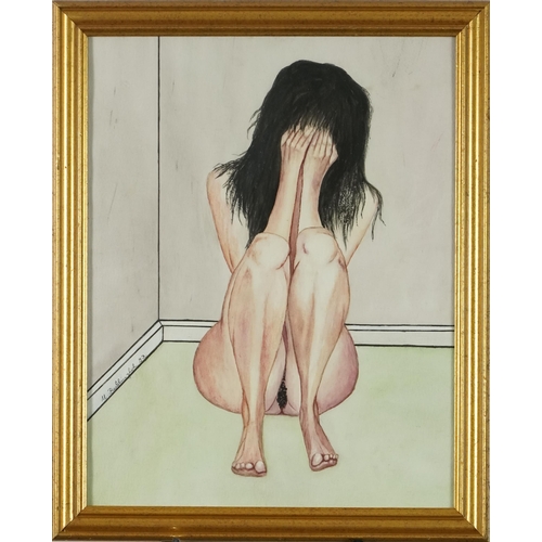 3667 - Female nude against a wall, late 20th century British School, watercolour on paper, indistinctly sig... 