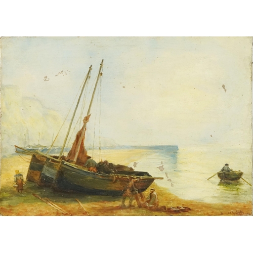 3665 - H.C. Pemberton - Boats on a beach, late 19th/early 20th century British School, oil on canvas, signe... 