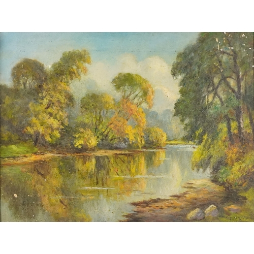 3677 - T. Newbury - Lakeside view, 20th century British School, oil on board, signed, framed, 31cm x 40cm.