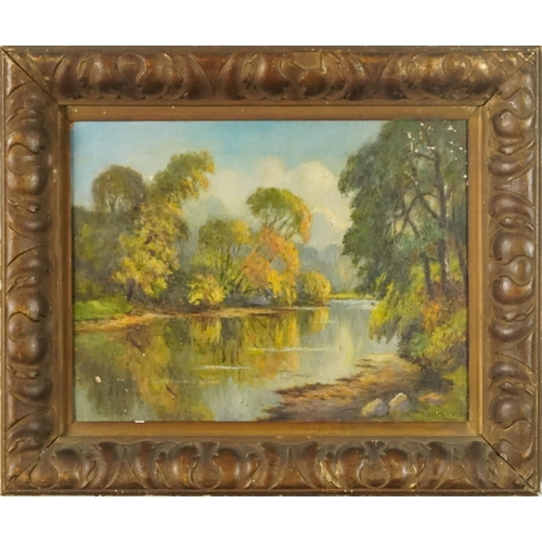 3677 - T. Newbury - Lakeside view, 20th century British School, oil on board, signed, framed, 31cm x 40cm.