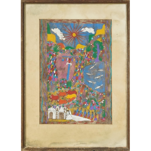 3671 - Indian watercolour on paper, early 20th century, figure within a landscape, framed and glazed 48cm x... 