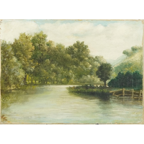 3670 - Riverbank landscape, late 19th/early 20th century oil on canvas, unframed, 27cm x 38cm.