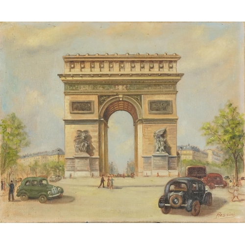 3669 - Rossini -  Arc de Triomphe, early 20th French Nieve School, oil on canvas, unframed, 37cm x 46cm.