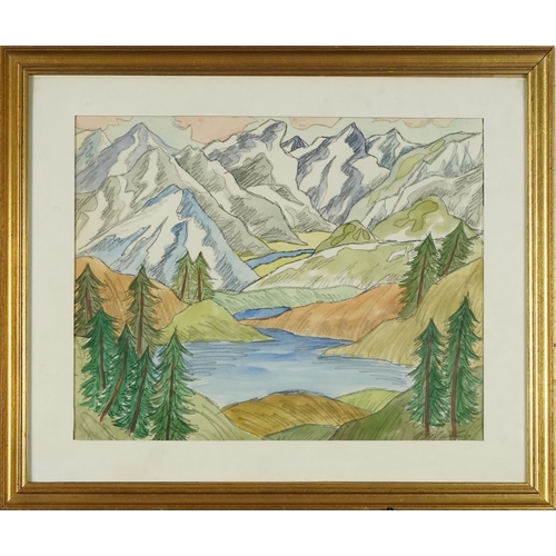 3656 - E.H. - Mountain landscape, 20th century mixed media, framed and glazed, 32cm x 40cm.