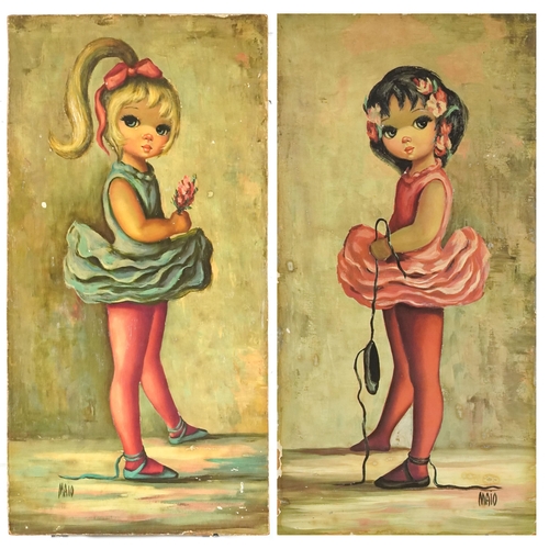 3658 - Maio - Ballerina girls, a pair of 20th century oils on board, unframed, 75cm x 37cm