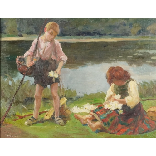 3659 - Children bedside a lake, early 20th century British School, oil on canvas, indistinctly signed, fram... 