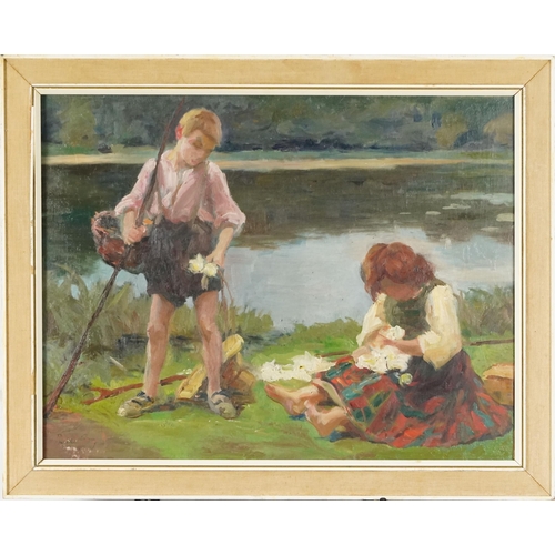 3659 - Children bedside a lake, early 20th century British School, oil on canvas, indistinctly signed, fram... 