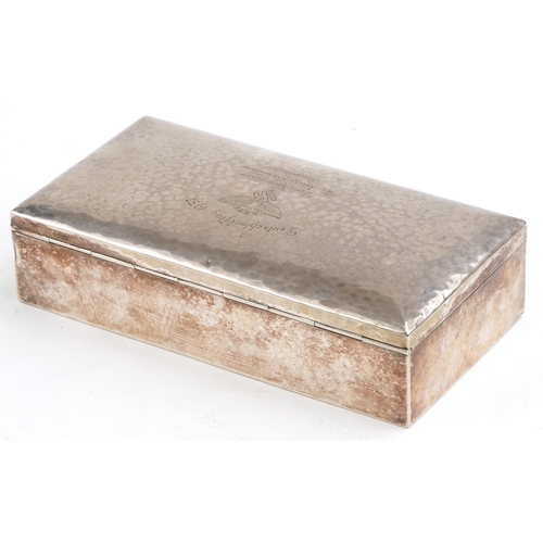 2541 - German military interest silver cigar box, the hinged lid with engraved inscription, impressed marks... 