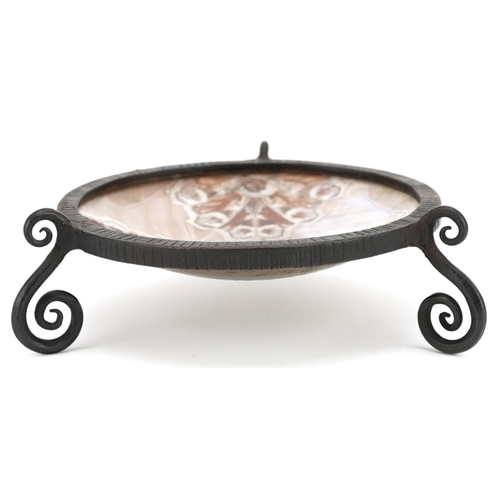 90 - An Art Deco wrought metal circular dish with a butterfly wing inset bowl, diameter 10cm.