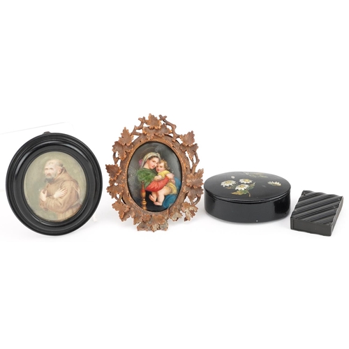 92 - A 19th century Italian oval miniature portrait, watercolour on porcelain, within an carved Sorento f... 