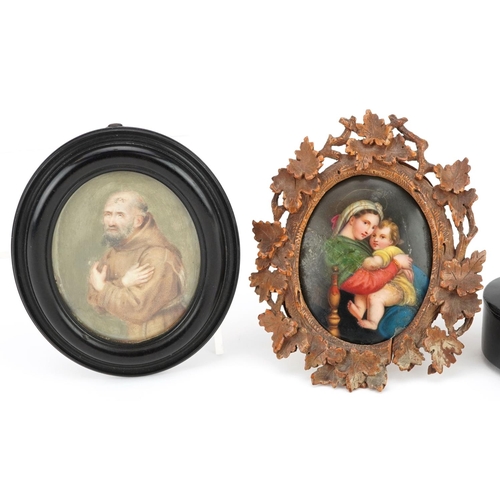 92 - A 19th century Italian oval miniature portrait, watercolour on porcelain, within an carved Sorento f... 