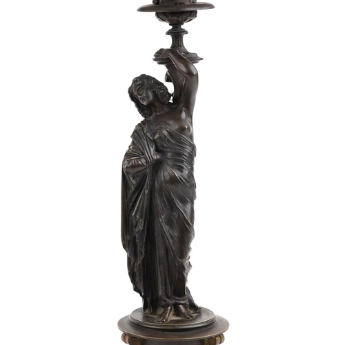  A near pair of 19th century French brown patinated bronze figural candelabras signed Pradier, James ... 