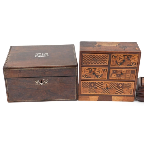 1588 - A late Victorian rosewood and M.o.P. inlaid jewellery box, W-30cm, together with an inlaid cabinet a... 