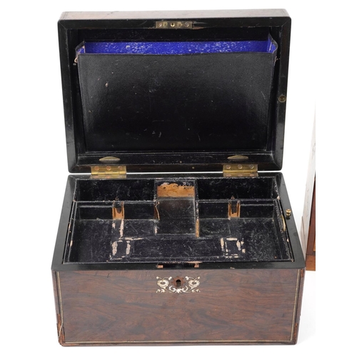 1588 - A late Victorian rosewood and M.o.P. inlaid jewellery box, W-30cm, together with an inlaid cabinet a... 