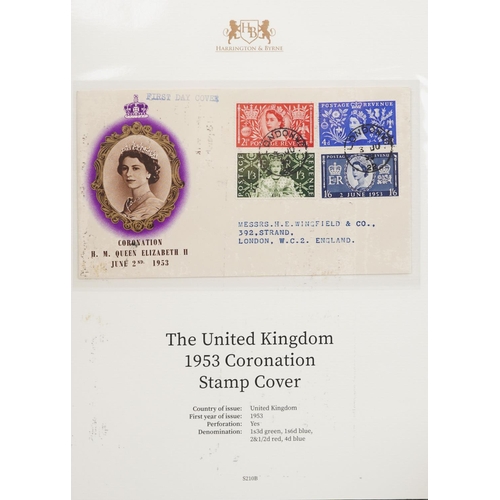 2253 - A collection of British and world stamps in four albums and four Harrington & Byrne stamp sets.