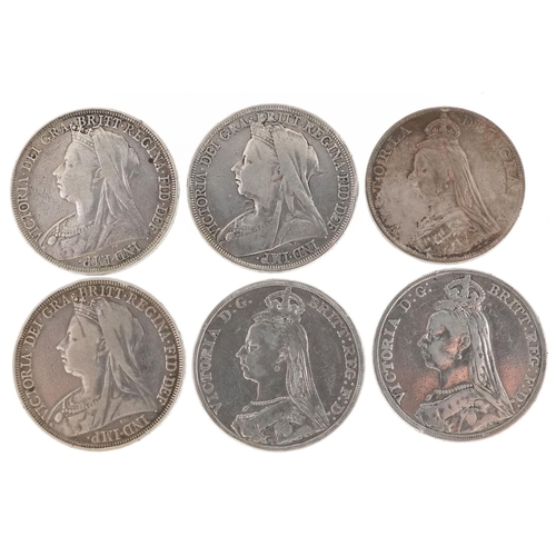 2166 - Five Queen Victoria silver crowns comprising 1889, 1890, 1895, 1896 and 1897 together with an 1887 s... 