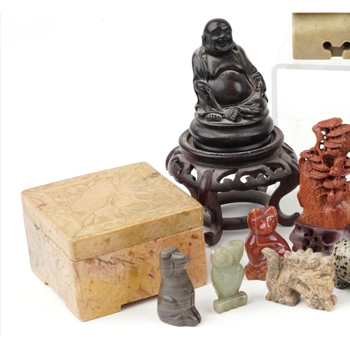 1499 - A collection of Chinese objects including soapstone seals, turquoise glazed dogs of Foo and multi ge... 