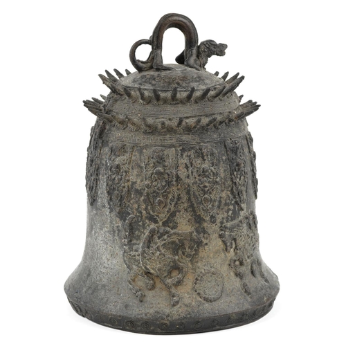 202 - A Tibetan bronze bell shaped gong cast in relief with winged horses and mythical animal suspension, ... 