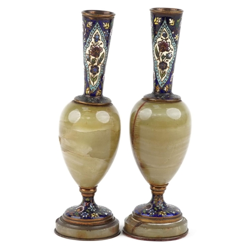 1585 - A pair of 20th century green onyx and cloisonné bud vases, 19.5cm high.