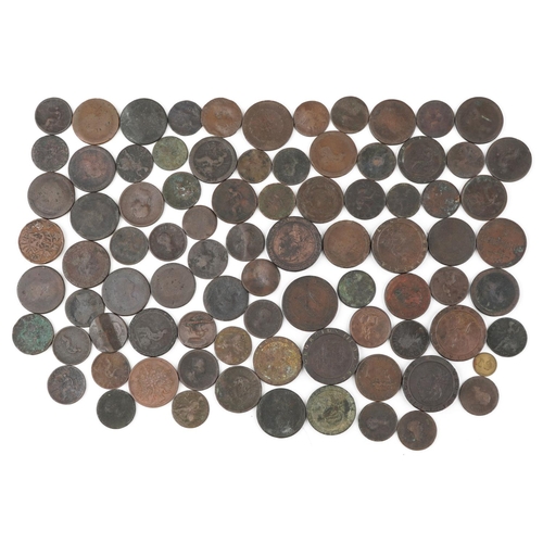 2132 - A collection 18th and later bronze and copper coins including 1799 Soho half penny, 1826 George IV p... 