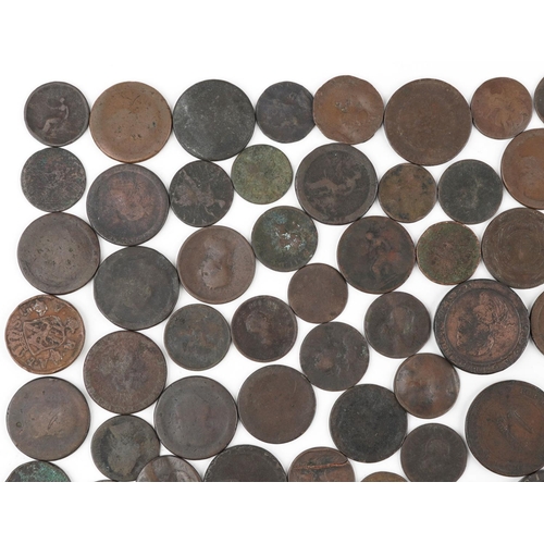 2132 - A collection 18th and later bronze and copper coins including 1799 Soho half penny, 1826 George IV p... 