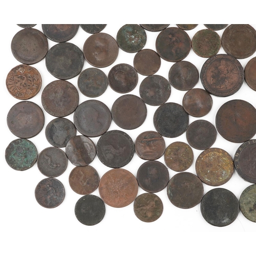 2132 - A collection 18th and later bronze and copper coins including 1799 Soho half penny, 1826 George IV p... 