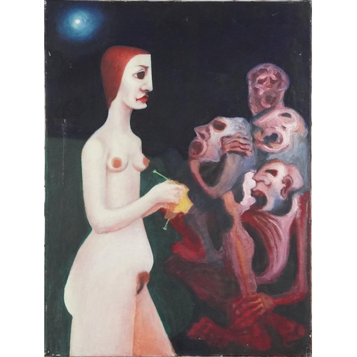 3682 - Nude by moonlight, 20th century Surrealist School, oil on canvas, unframed, 91cm x 65cm.