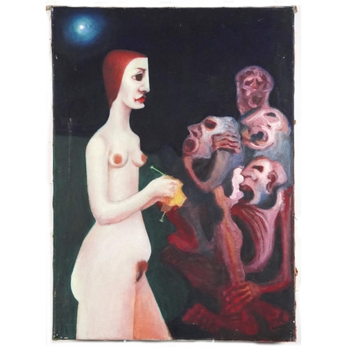 3682 - Nude by moonlight, 20th century Surrealist School, oil on canvas, unframed, 91cm x 65cm.