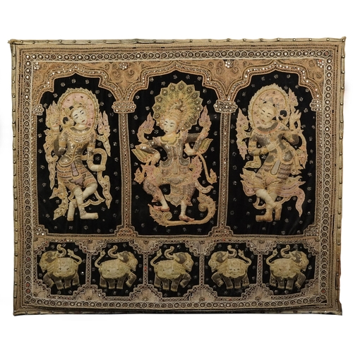 59 - A large Indian embroidery and sequin panel relief decorated with dancers and elephants, 125cm x 104c... 