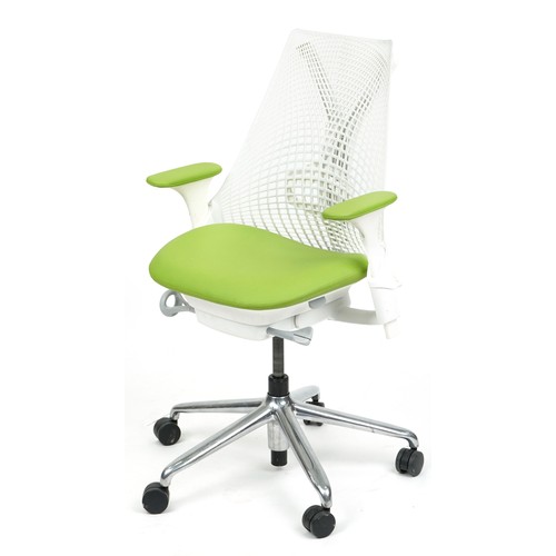 1137 - Herman Miller Sayl office chair finished in white and green, 104cm high.