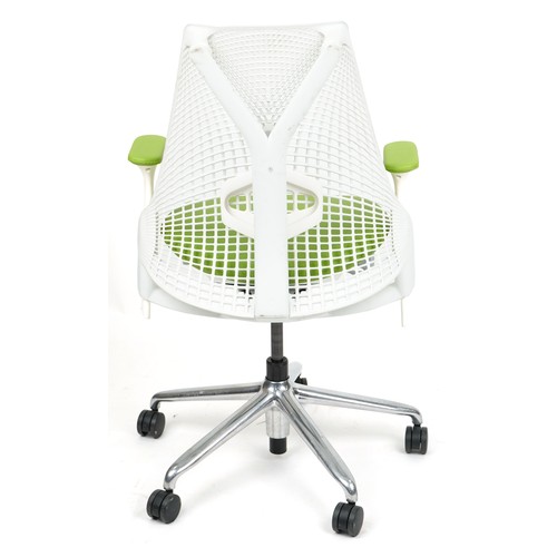 1137 - Herman Miller Sayl office chair finished in white and green, 104cm high.