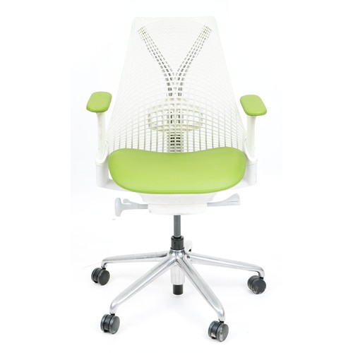 1137 - Herman Miller Sayl office chair finished in white and green, 104cm high.