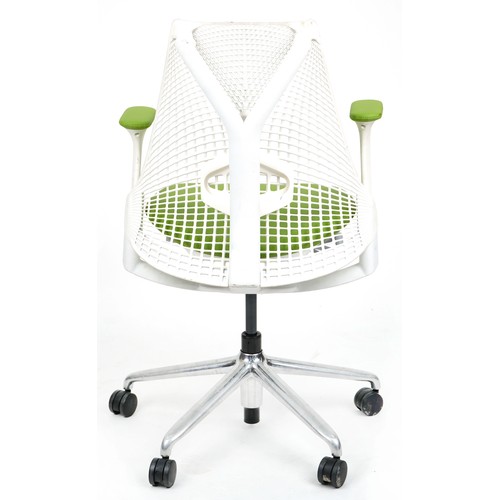 1117 - Herman Miller Sayl office chair finished in white and green. 104cm high