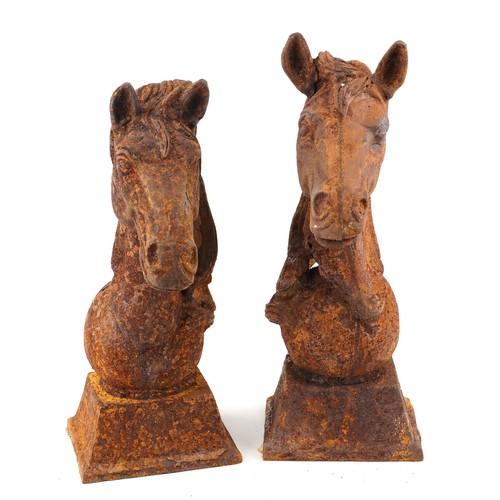 1592 - Two cast iron architectural horse heads, the largest 49cm high.