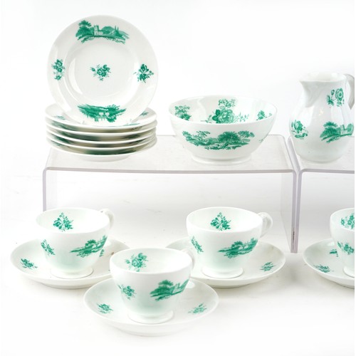 1231 - A late 19th century Minton Bat Print six place tea set with green transfer printed floral decoration... 