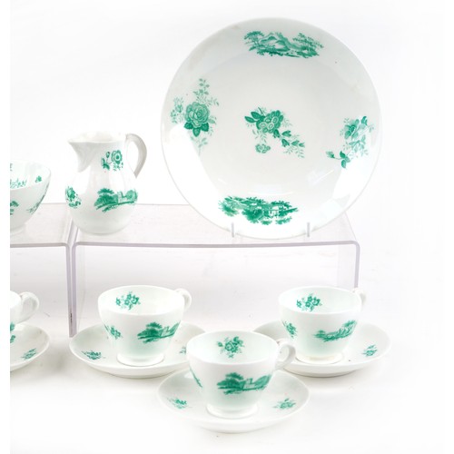 1231 - A late 19th century Minton Bat Print six place tea set with green transfer printed floral decoration... 