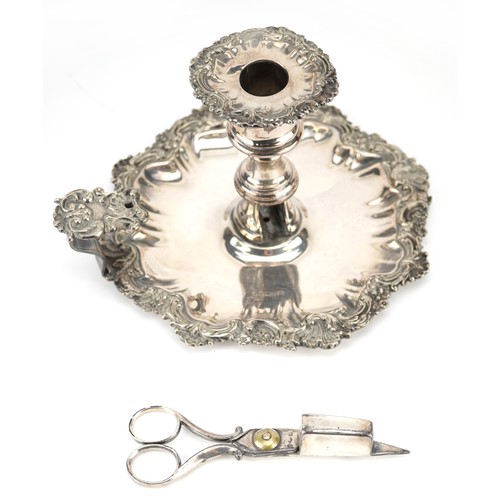 410 - A Victorian silver plated chamber stick with snuffers, 18cm in length